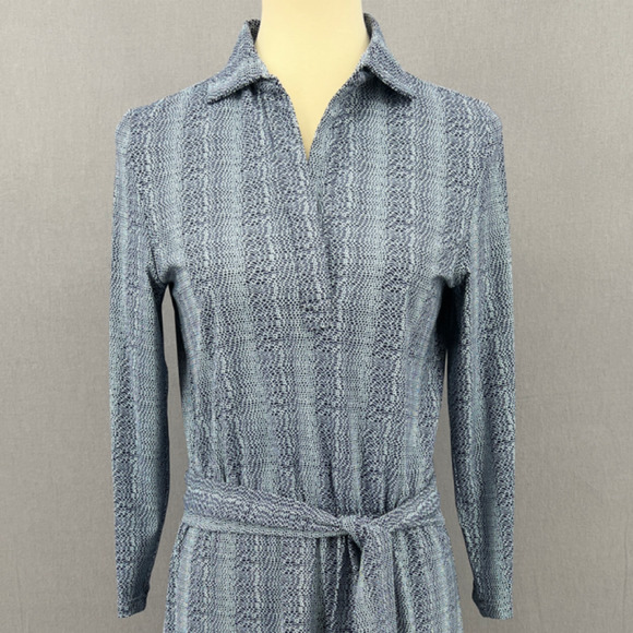 Elle Kai Blue Print Collared 3/4 Sleeve Belted Knee Length Sheath Size Small - Picture 2 of 12